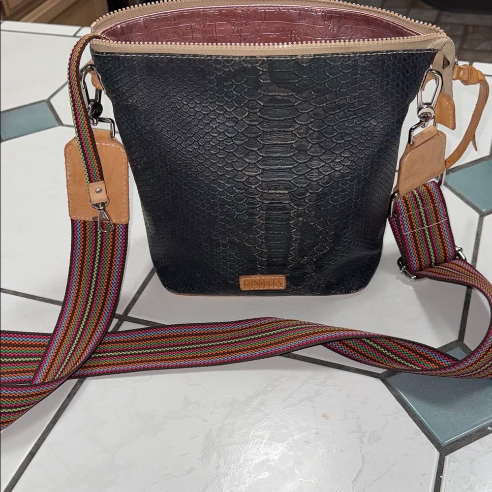 Consuela Black Crossbody Bag with Multicolor Strap